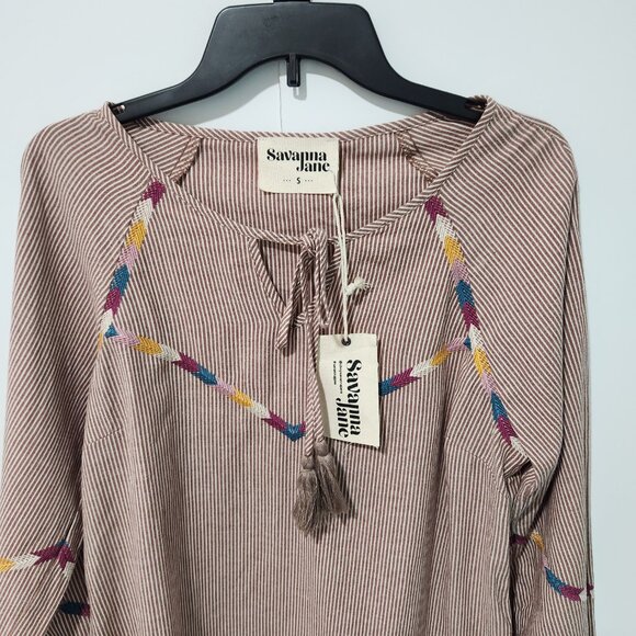 Savanna Jane NEW Long Sleeve Brown Tan Striped Peasant Top with Embroidery Small - Picture 4 of 9